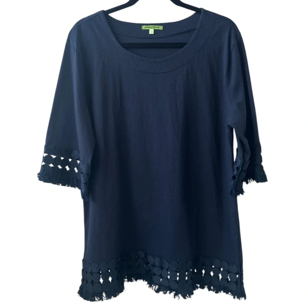 Trisha Tyler Navy Boat Neck Circle Lace Trim Cotton Blouse- Size XL